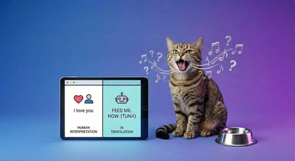 Kot przed tabletem z aplikacją AI tłumaczącą miauki