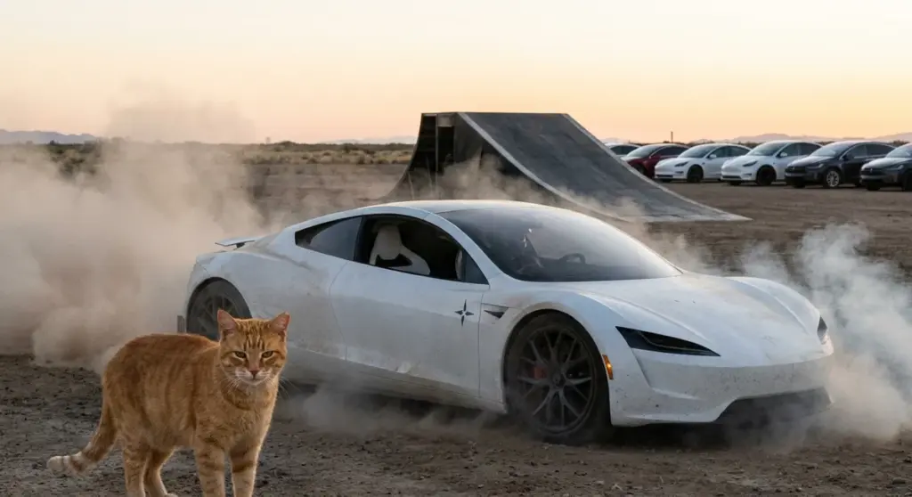 Tesla Roadster wykonuje beczki w powietrzu. SpaceX thrusters w akcji, ale produkcja dopiero w 2028
